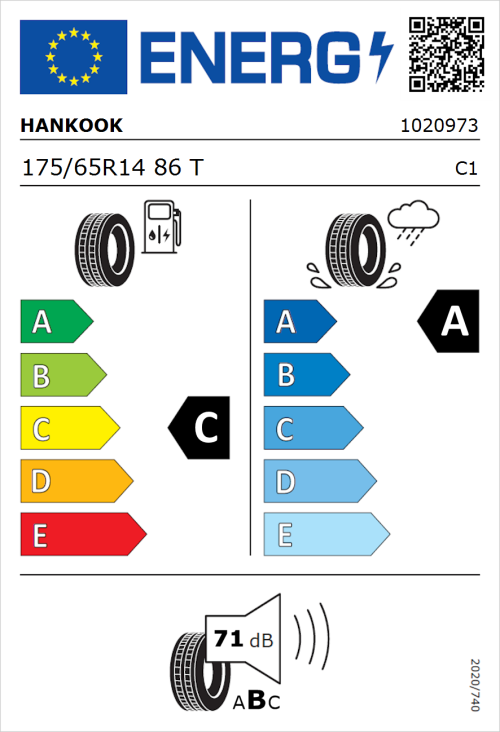 Tyre Label for Hankook Kinergy Eco 2 K435 175/65R14 86T