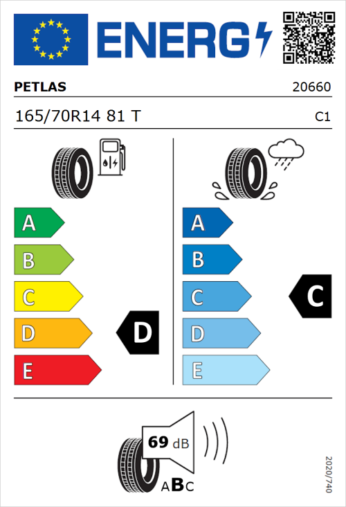Tyre Label for Petlas Elegant PT311 165/70R14 81T
