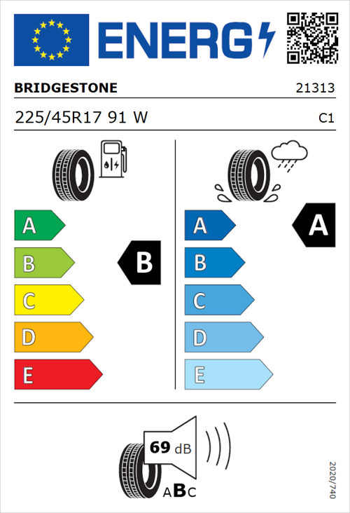 Tyre Label for Bridgestone Turanza 6 225/45R17 91W