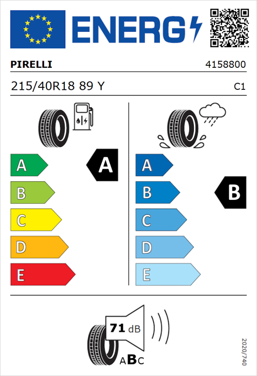 Tyre Label for Pirelli Cinturato P7 (P7C2) 215/40R18 89Y