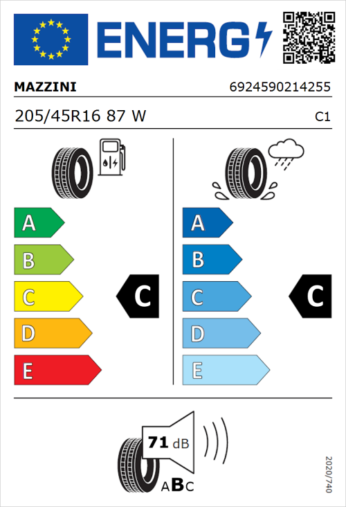 Tyre Label for Mazzini Eco 605 Plus 205/45R16 87W