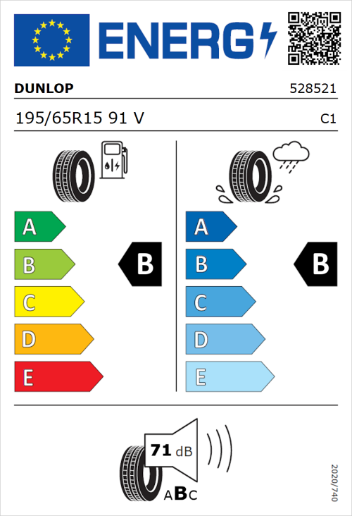 Tyre Label for Dunlop Sport BluResponse 195/65R15 91V